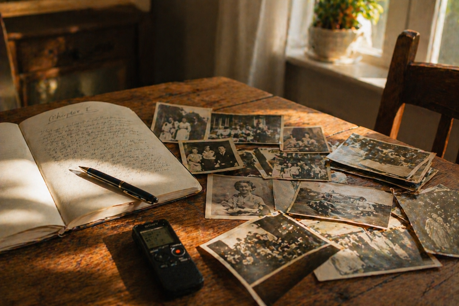 Old photos, notebook, and recording device for Life Chapters